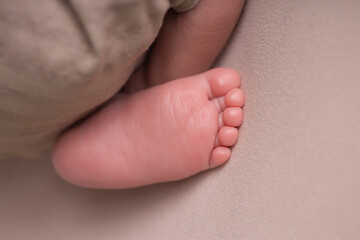 Little newborn baby human feet with toes and toenails close up
