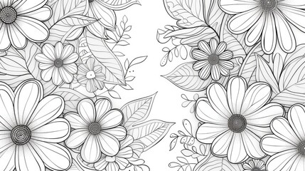 Floral illustration composed of various flowers and detailed leaves elements, positioned abstractly to create an intricate and ornamental piece suitable for many uses.