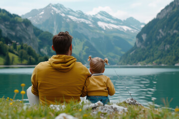 Father and Daughter Fishing at a Serene Lake Creating Memories and Bonding Time on Father's Day, A Perfect Day for Dad and Child
