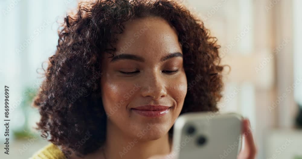 Poster Woman, phone and texting on social media in home, scroll and browse online on dating app. Female person, networking and internet search for love, typing and communication on website for connection