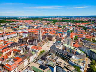 Marienplatz aerial panoramic view in Munich city, Germany