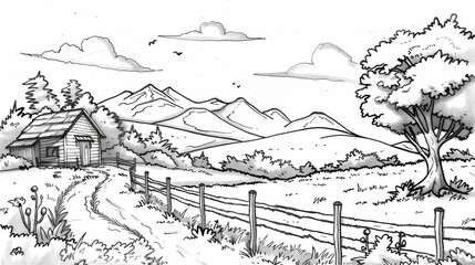 This monochrome rural scene captures a winding pathway leading to a barn, with mountains in the distance and a sprawling landscape creating a serene and peaceful atmosphere.