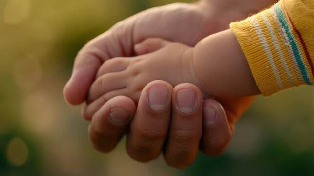 Tender Father's Day Moment Close-up of a Father's Hand Gently Holding His Child's, Symbolizing Protective Love and Unbreakable Bond, Celebrate Dad's Unconditional Support