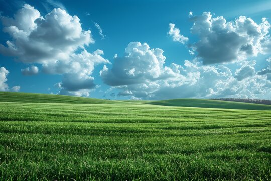 realizza una foto ad alta risoluzione di un prato verde con sullo sfondo un cileo azzurro e delle nuvole bianche 