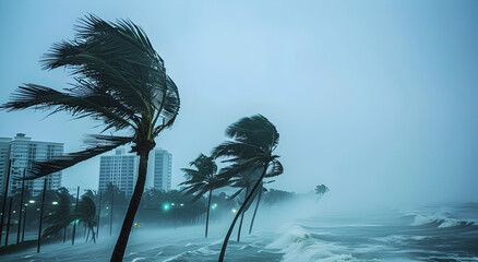 A cyclone with powerful winds and rain, bringing devastation to a coastal city.