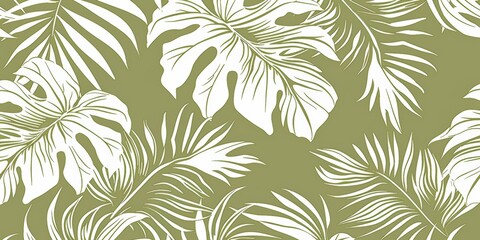 Fototapeta premium Monochrome leaves in a tropical pattern with white outlines on a green background, ideal for wallpaper, prints, and cards, offering a fresh, botanical aesthetic.