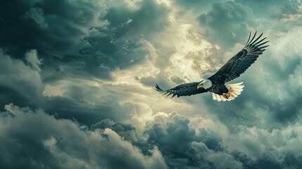 An eagle with outstretched wings flies under a dramatic, luminous sky, showcasing the awe-inspiring natural world and the embodiment of liberty and strength.