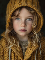 A child wearing a mustard yellow knitted hood with tassels, covering the head and neck, with a blurred face for privacy, and a grey textured garment