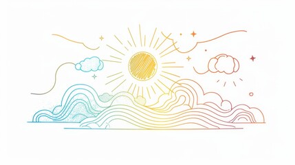 This image portrays a radiant sun illuminating an abstract sky with swirling clouds and vibrant colors, depicting a sense of awe and wonder, perfect for inspiring creativity and imagination.