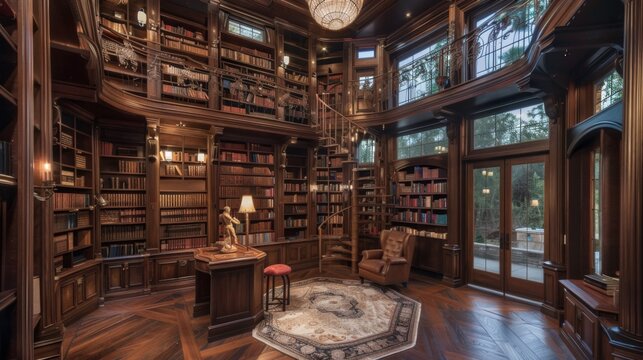 A vintage library room featuring a spiral staircase, wooden bookshelves filled with books, and traditional rich decor, illustrating a timeless atmosphere of wisdom.
