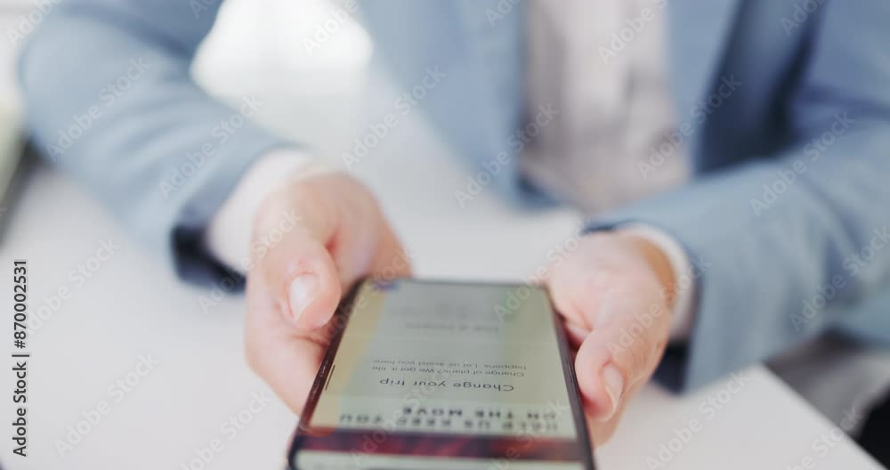 Poster hands, phone screen and holiday booking on web in office with scroll, search or decision for locatio
