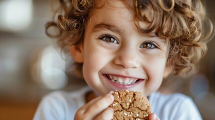 A smiling child with a crumbcovered face holding a buckwheat cookie thoroughly enjoying the treat.