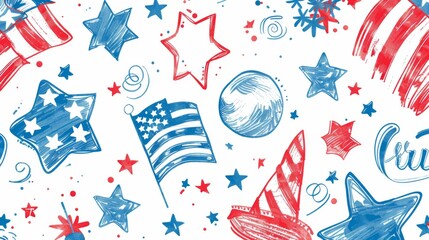 Image features American-themed doodles including stars, flags, and patriotic symbols in a red, white, and blue color scheme, conveying a festive mood.