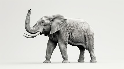 Obraz premium A gentle elephant, with its trunk raised, is illustrated with minimalist black lines on a white canvas