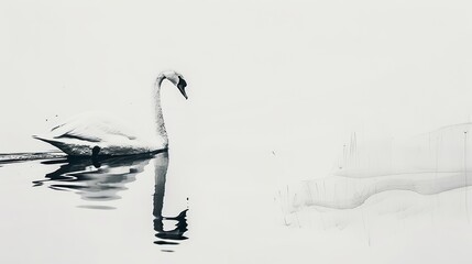 Fototapeta premium A graceful swan, gliding on an invisible pond, is illustrated with minimalist black ink on a white canvas