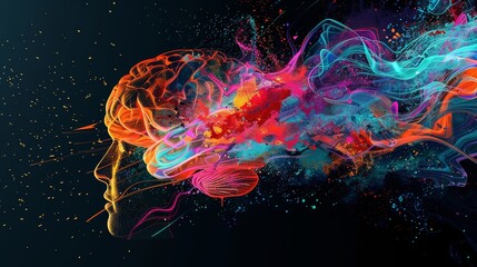 Fototapeta premium A graphic depiction of a brain with an explosion of geometric patterns and vibrant colors