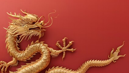 Fototapeta premium Majestic Golden Dragon on Red Background