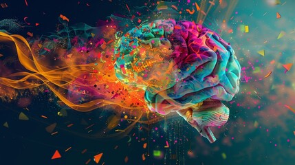 A graphic depiction of a brain with an explosion of geometric patterns and vibrant colors