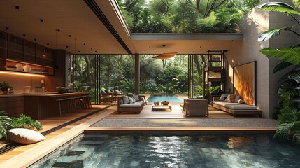 Fototapeta premium Modern Tropical Home With Pool and Lush Greenery