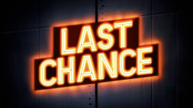 Bright glowing neon text sign last chance against a dark background, evoking urgency and a sense of limited opportunity – perfect for promotions, reminders, or warnings.