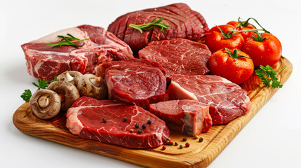 "A variety of raw beef steaks prepared for grilling."

