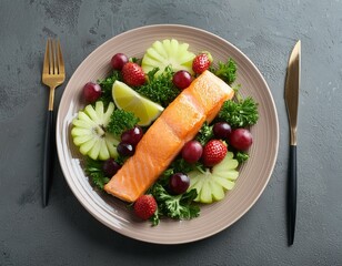 Salmón rosados cocido verduras y frutas de  con acompañamiento