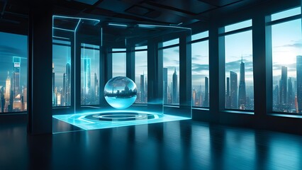 A room with a large sphere in the center and a city view in the background