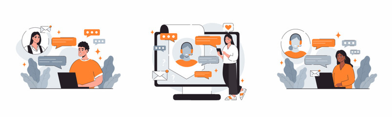 Support concept. Online customer service. Collection of flat vector illustrations.
