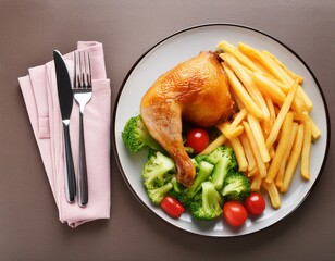 Pollo acompañado de papas fritas