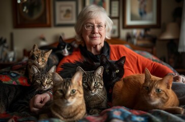 Senior woman with multiple cats
