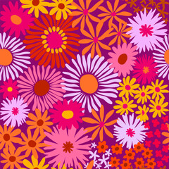 Colorful cute floral seamless pattern. Vector meadow background with various groovy flowers. Summer abstract wallpaper. Pink, orange, lilac, magenta palette.
