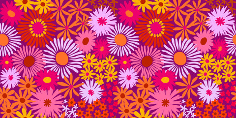 Colorful cute floral seamless pattern. Vector meadow background with various groovy flowers. Summer abstract wallpaper. Pink, orange, lilac, magenta palette.