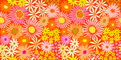 Fototapeta premium Colorful cute floral seamless pattern. Vector meadow background with various groovy flowers. Summer abstract wallpaper. Red, yellow, golden, orange, pink colour palette.