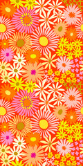 Colorful cute floral seamless pattern. Vector meadow background with various groovy flowers. Summer abstract wallpaper. Red, yellow, golden, orange, pink colour palette.