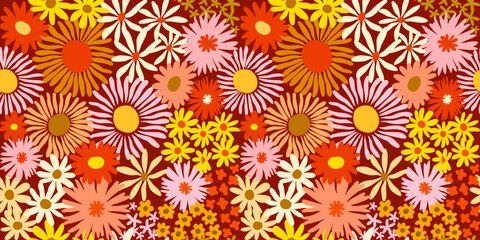 Colorful cute floral seamless pattern. Vector meadow background with various groovy flowers. Summer abstract wallpaper. Red, yellow, golden, orange, pink colour palette.