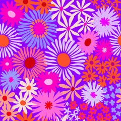 Colorful cute floral seamless pattern. Vector meadow background with various groovy flowers. Summer abstract wallpaper. Pink, purple, orange, blue, lilac, magenta palette.