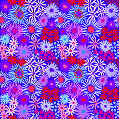 Colorful cute floral seamless pattern. Vector meadow background with various groovy flowers. Summer abstract wallpaper. Purple, pink, red, blue, lilac, magenta palette.