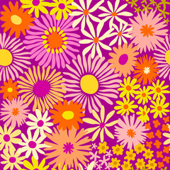 Colorful cute floral seamless pattern. Vector meadow background with various groovy flowers. Summer abstract wallpaper Orange, pink, purple, yellow, lilac, magenta palette.