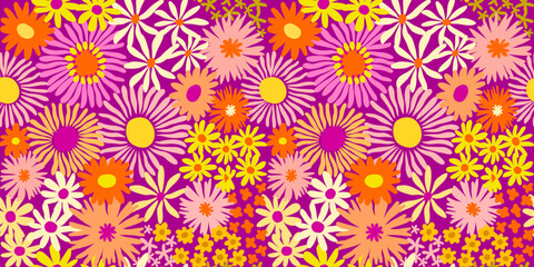 Colorful cute floral seamless pattern. Vector meadow background with various groovy flowers. Summer abstract wallpaper Orange, pink, purple, yellow, lilac, magenta palette.