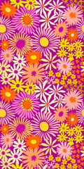 Colorful cute floral seamless pattern. Vector meadow background with various groovy flowers. Summer abstract wallpaper Orange, pink, purple, yellow, lilac, magenta palette.