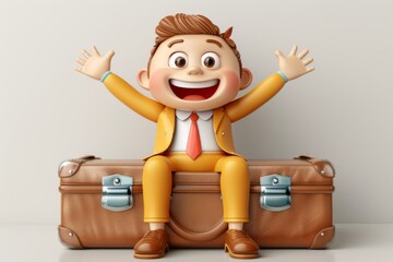 Cheerful cartoon businessman with a suitcase representing corporate travel and positive energy