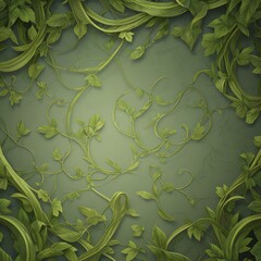 An elegant illustration featuring a pattern of intertwined green vines and leaves set against a soft green background