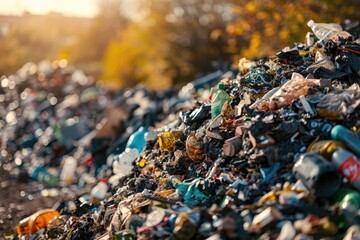 A pile of trash. The trash is made up of various items such as bottles, cans, and plastic. Concept of waste and pollution