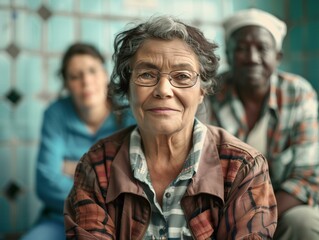 Fototapeta premium Senior Woman with Family in Casual Setting - Realistic Portrait