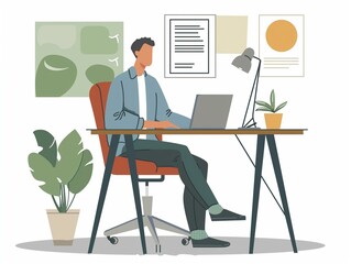 Office Worker Illustration with Modern Desk Setup