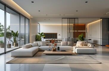 Modern Sectional Sofa in Spacious Living Room With City View and Glass Doors