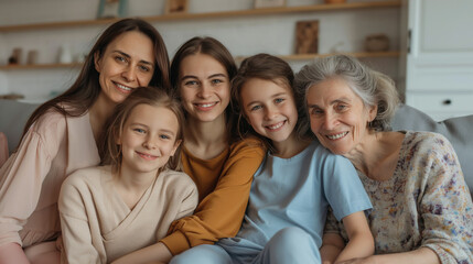 Obraz premium Mother, grandmother, and granddaughters. The female members of the family in the photograph. A family portrait.