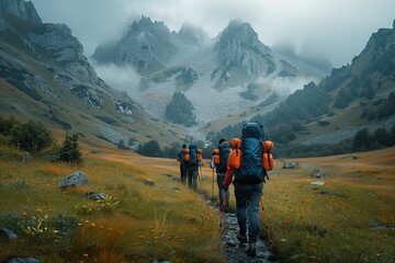 Fototapeta premium Backpackers Hiking Through Foggy Mountain Valley