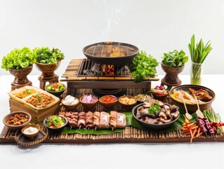 photograph of a traditional Thai barbecue setup on a rustic wooden table, with a central grill cooking meats and vegetables, 