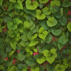 A lush and vibrant illustration featuring a dense pattern of various green leaves
